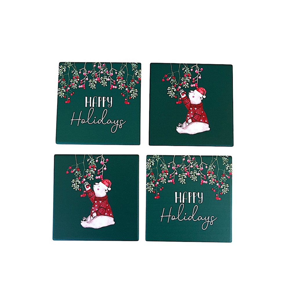 Christmas Happy Holidays Box of 4 Pc. Green Red Holidays Ceramic‎ Coasters